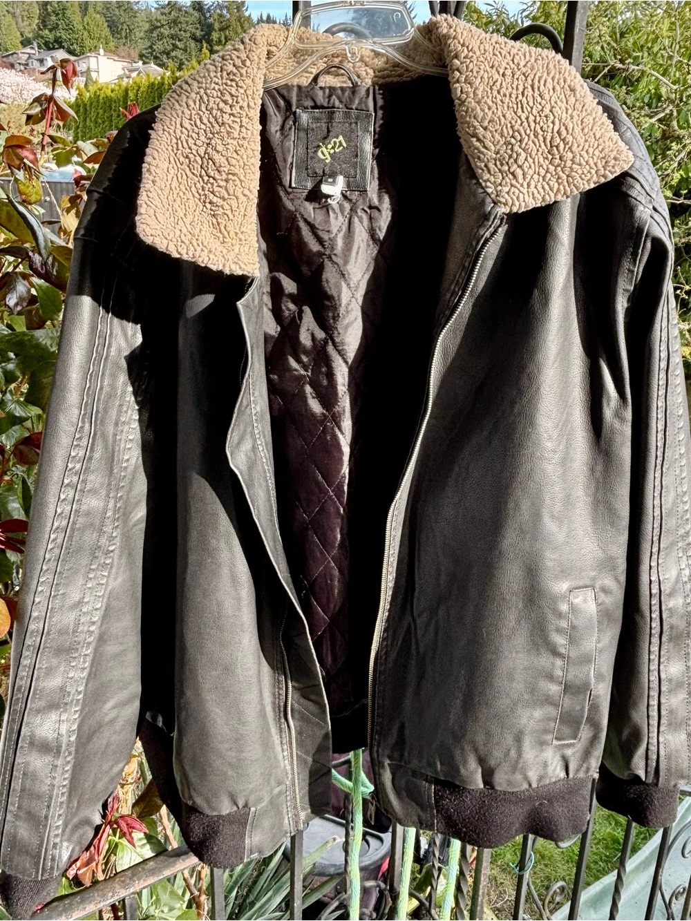 Men's Black Leather Bomber Jacket with Tan Sherpa Collar